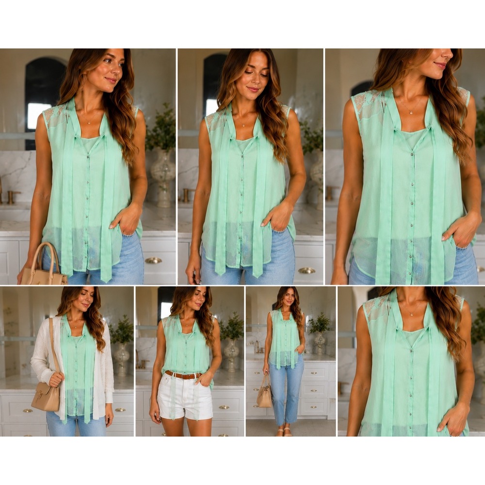The Limited Blouse Womens Medium Mint Green Rayon Lace Back Tie Neck Sleeveless